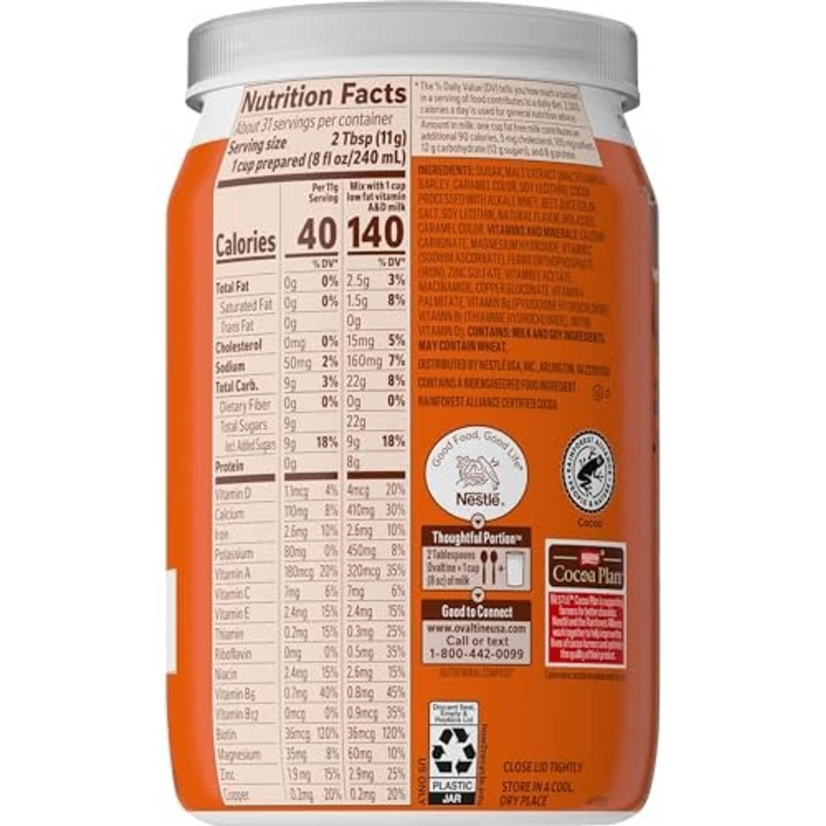 Ovaltine chocolate malt mix tub back panel with Nutrition Facts and ingredient text