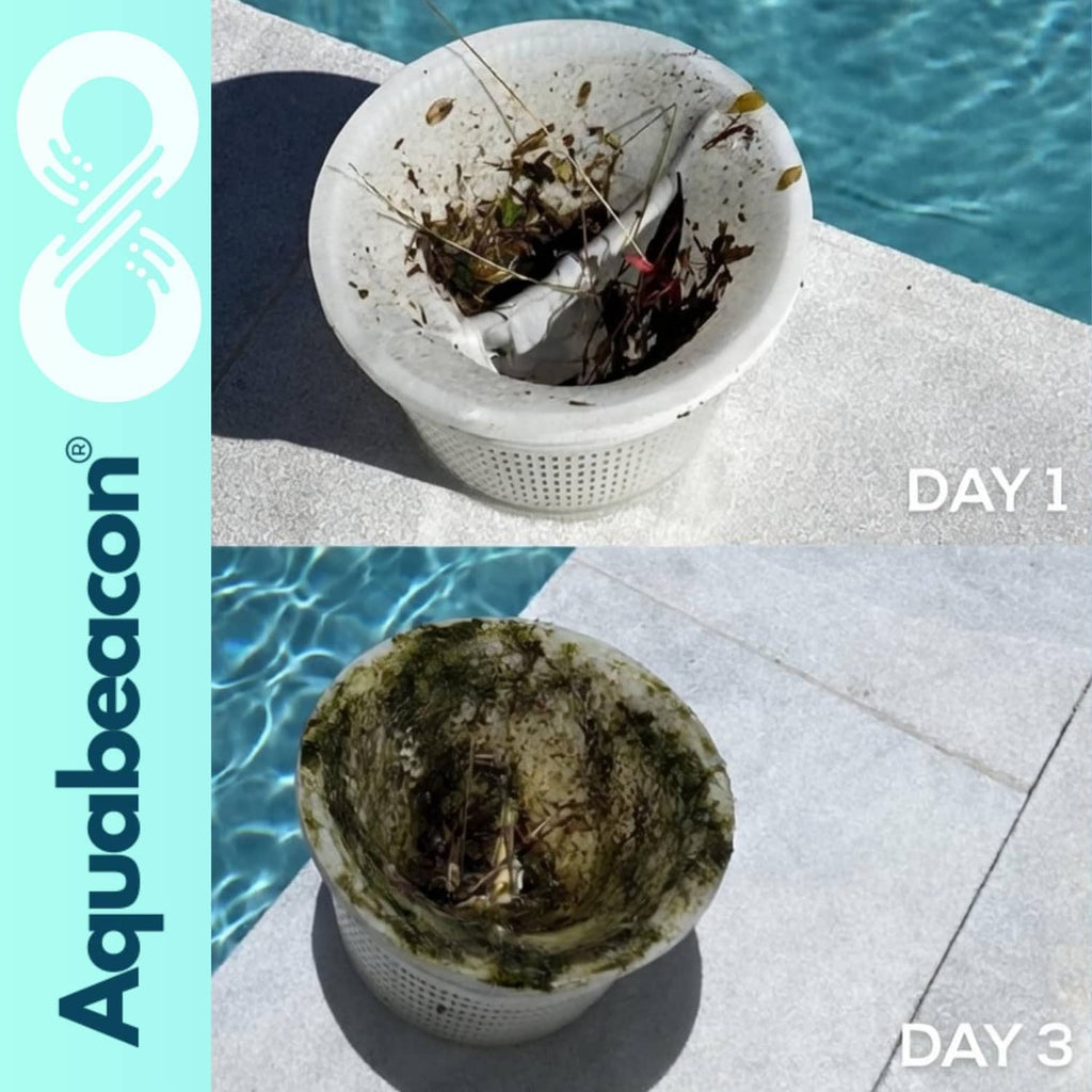 Two filled pool skimmer baskets on patio tiles, showing debris buildup