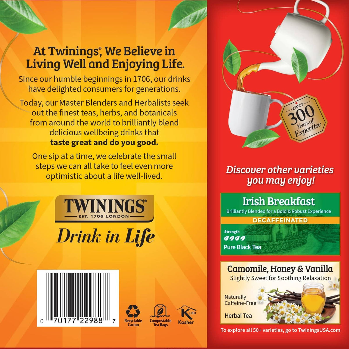 Twinings decaffeinated English Breakfast tea carton with cup and leaves graphic
