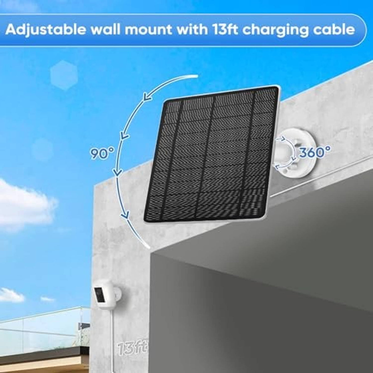 Black solar panel with adjustable wall mount and 13ft charging cable