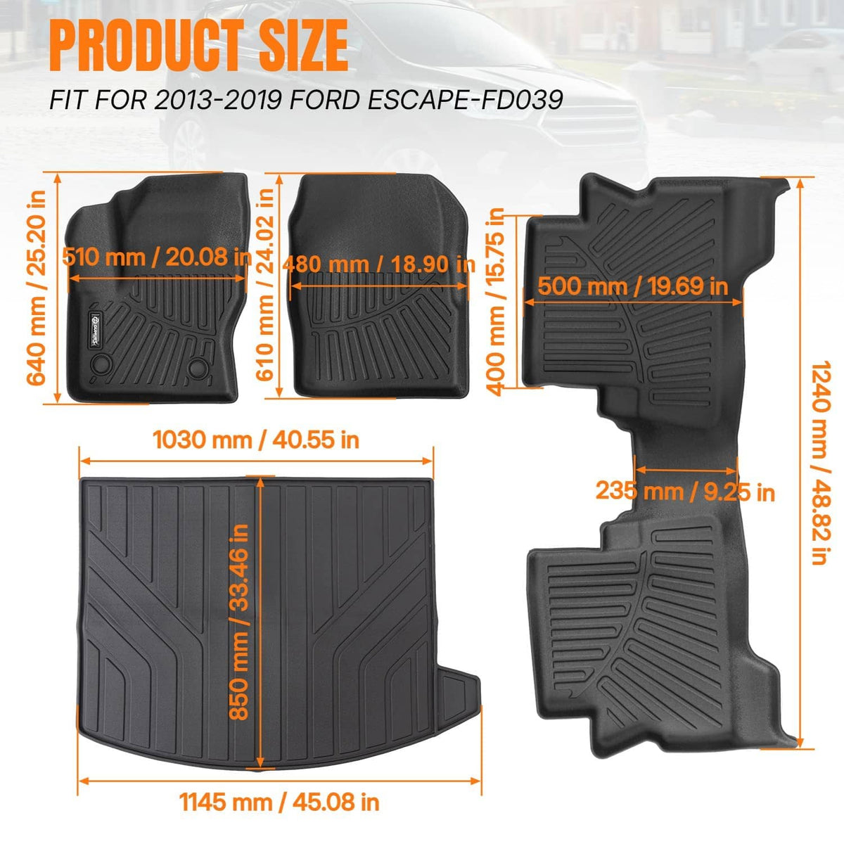 Black molded floor mats and cargo liner set layout, four mats plus cargo piece