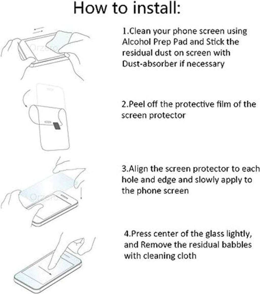 Screen protector installation guide diagram with cleaning and alignment steps