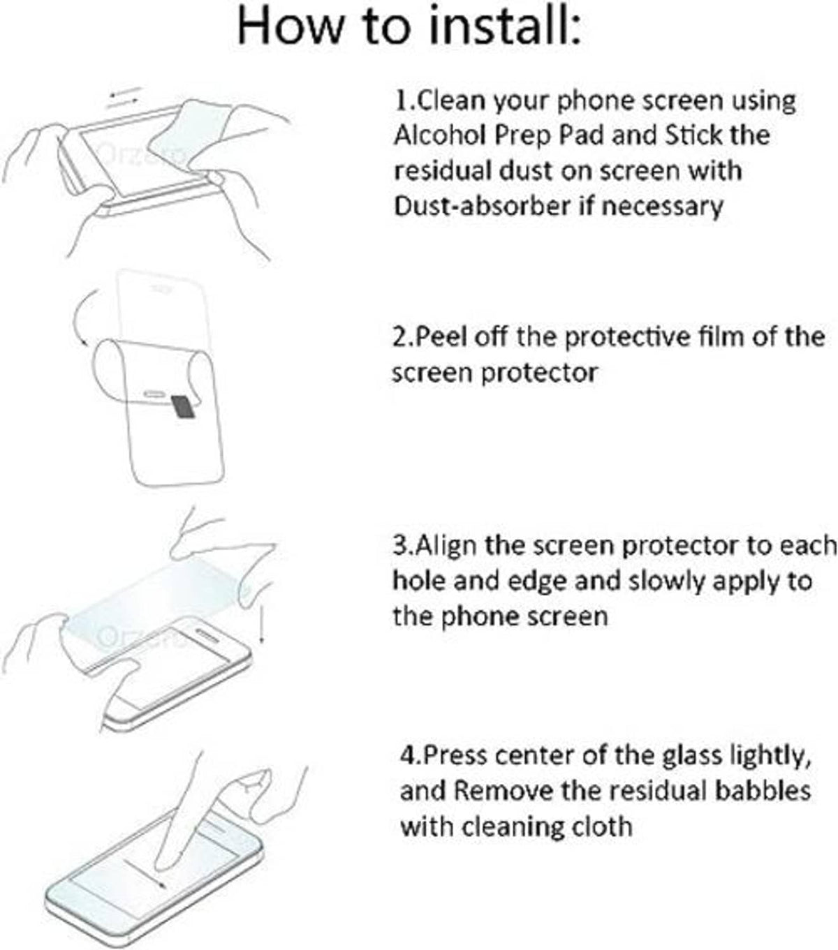 Screen protector installation guide diagram with cleaning and alignment steps