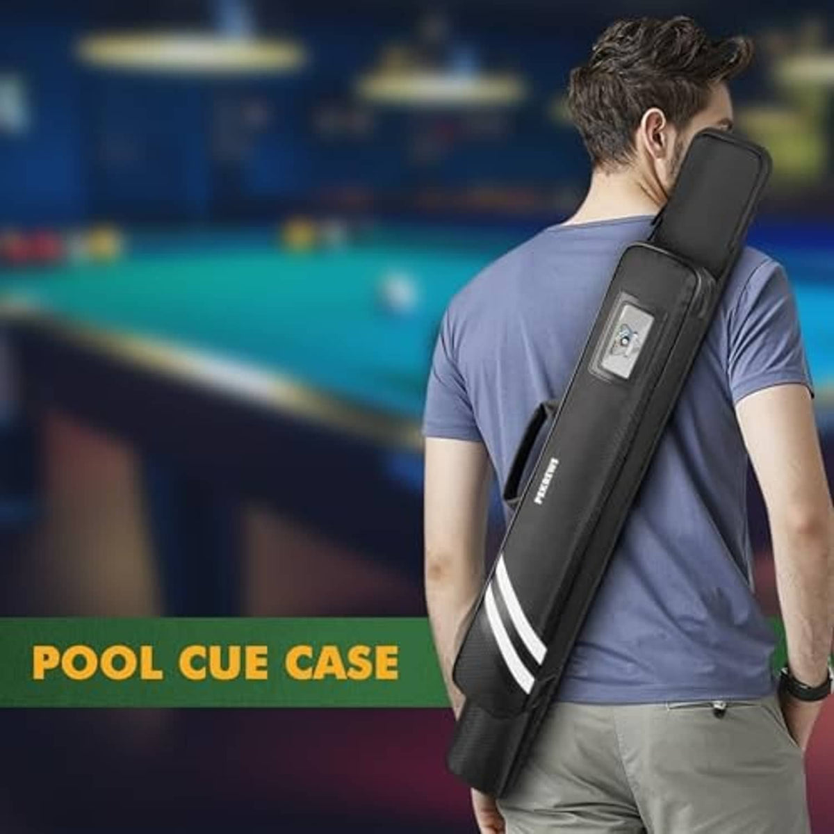Black soft pool cue case with shoulder strap, carried on a person’s back.