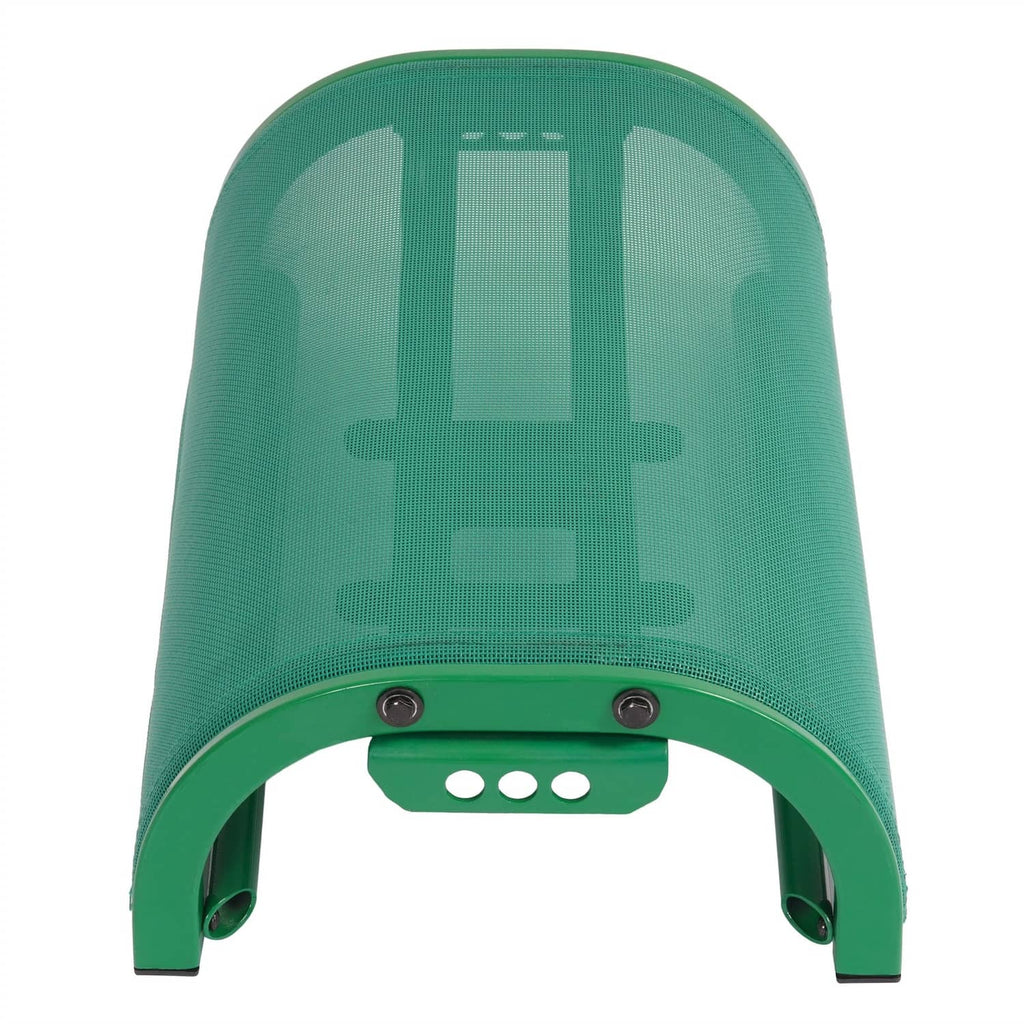 Green mesh boat seat front with rounded back, two end legs, perforated mount plate.
