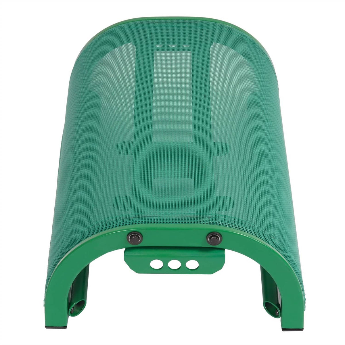 Green mesh boat seat front with rounded back, two end legs, perforated mount plate.