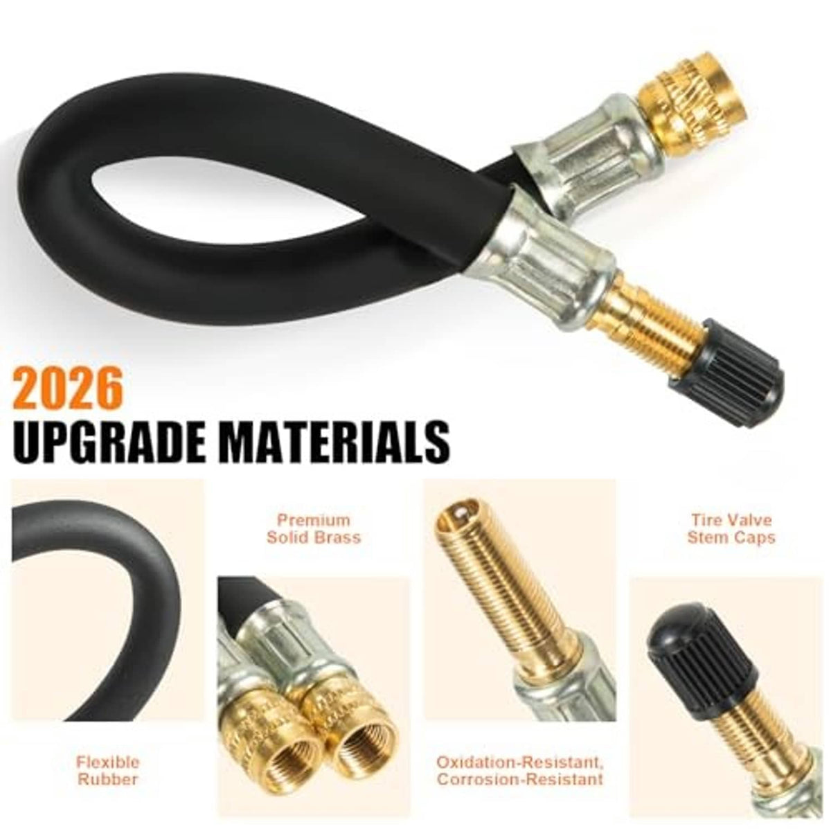 Black flexible tire valve extender hose with brass connector and threaded valve end