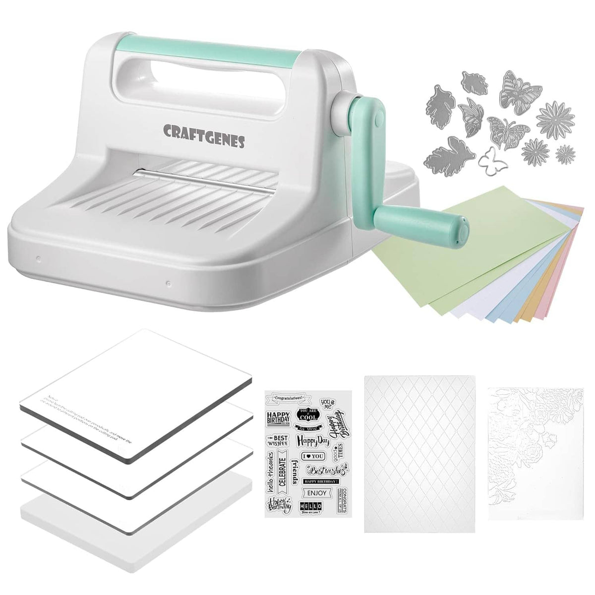 Manual die cutting embossing machine with teal crank, stack of cutting plates and stencil sheets
