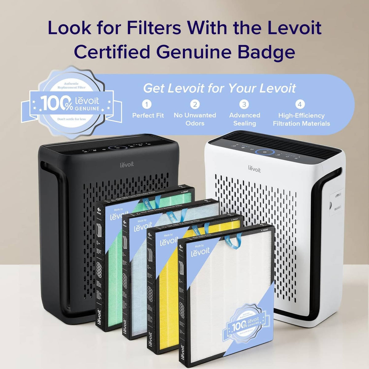 Levoit air purifier lineup: black and white units with boxed filter cartridges.