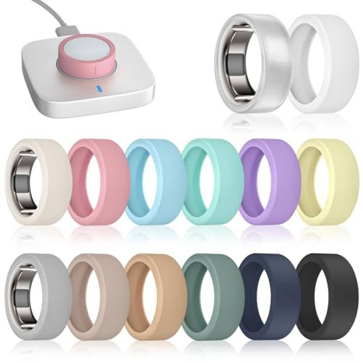 Assorted silicone ring covers set with metal inserts in mixed colors