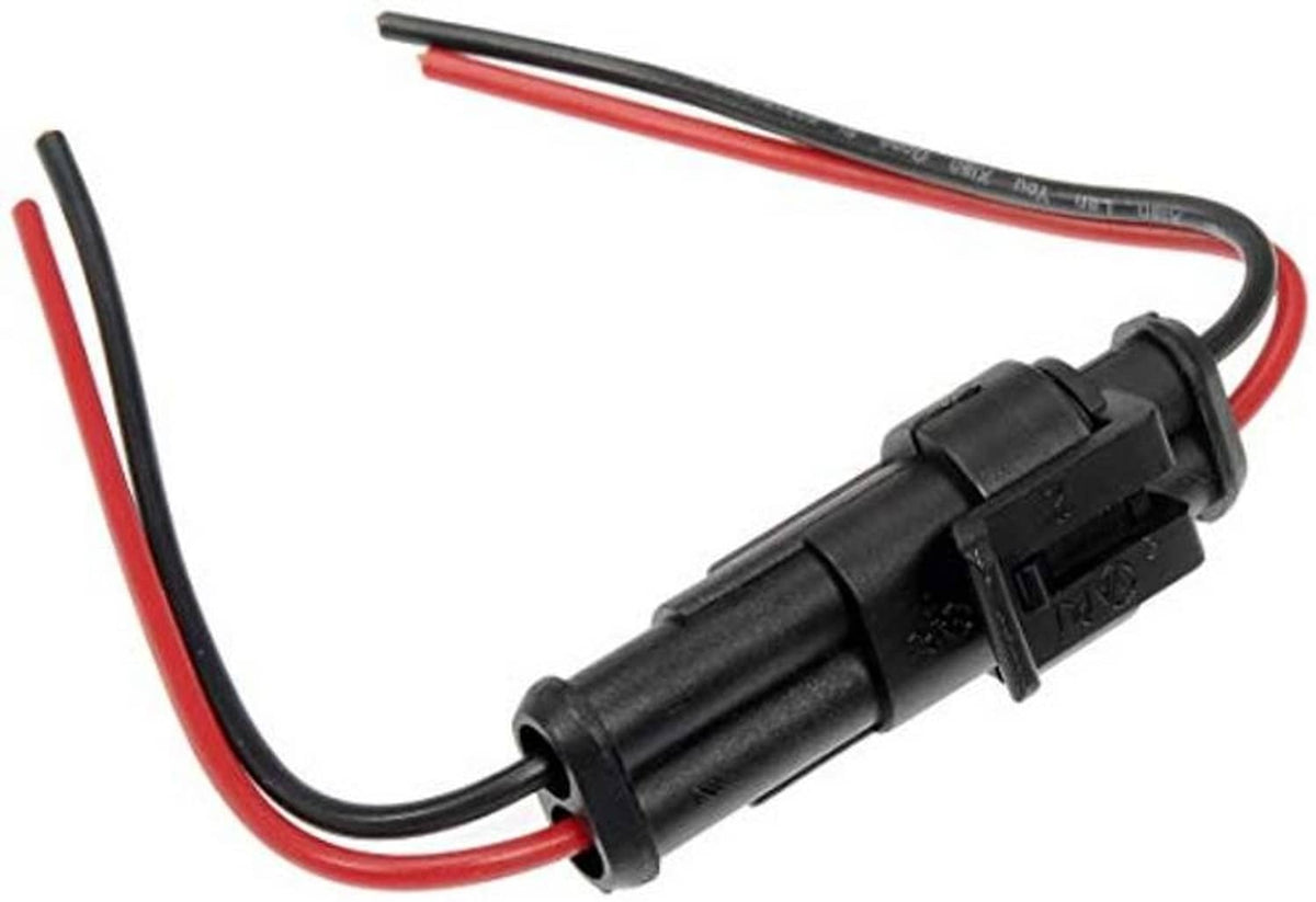 2-wire inline connector pigtail with red and black wires, black housing