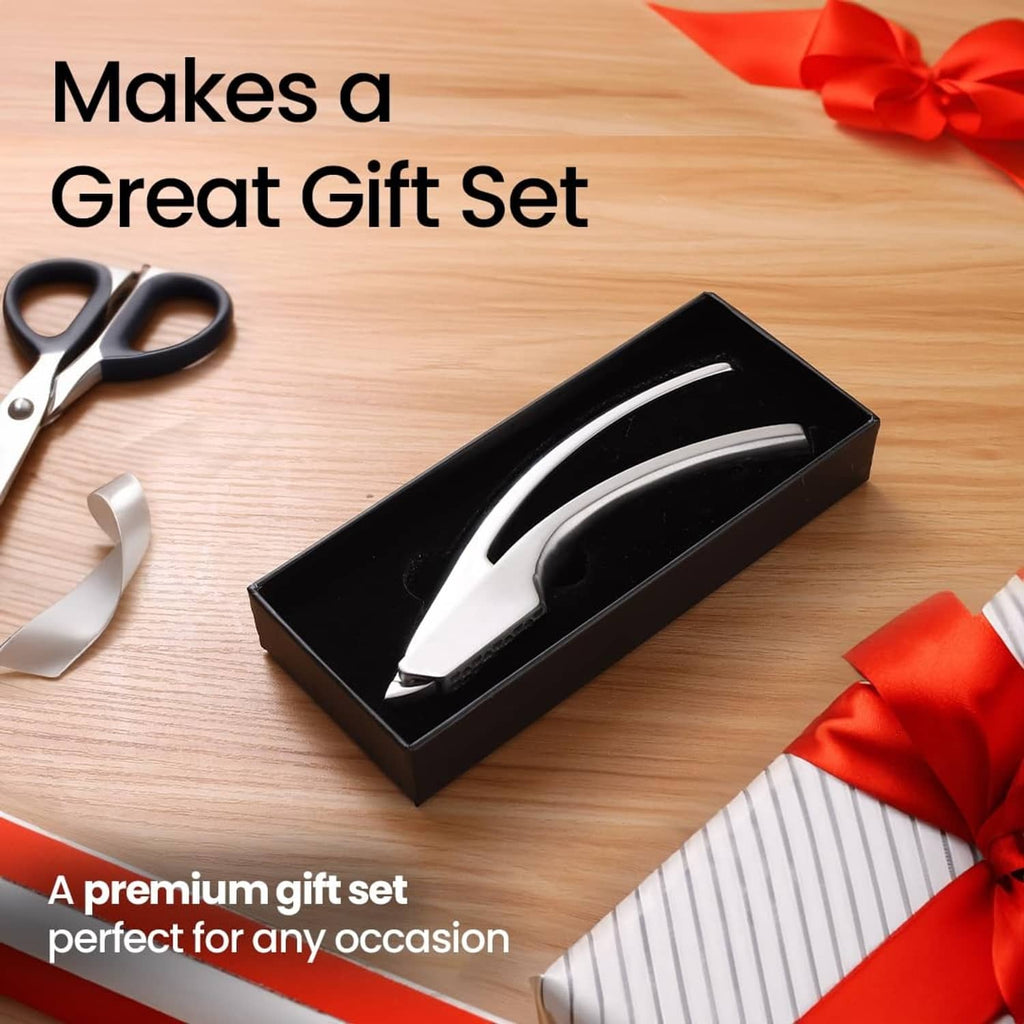 Stainless steel garlic press in a gift box with cushioned handle