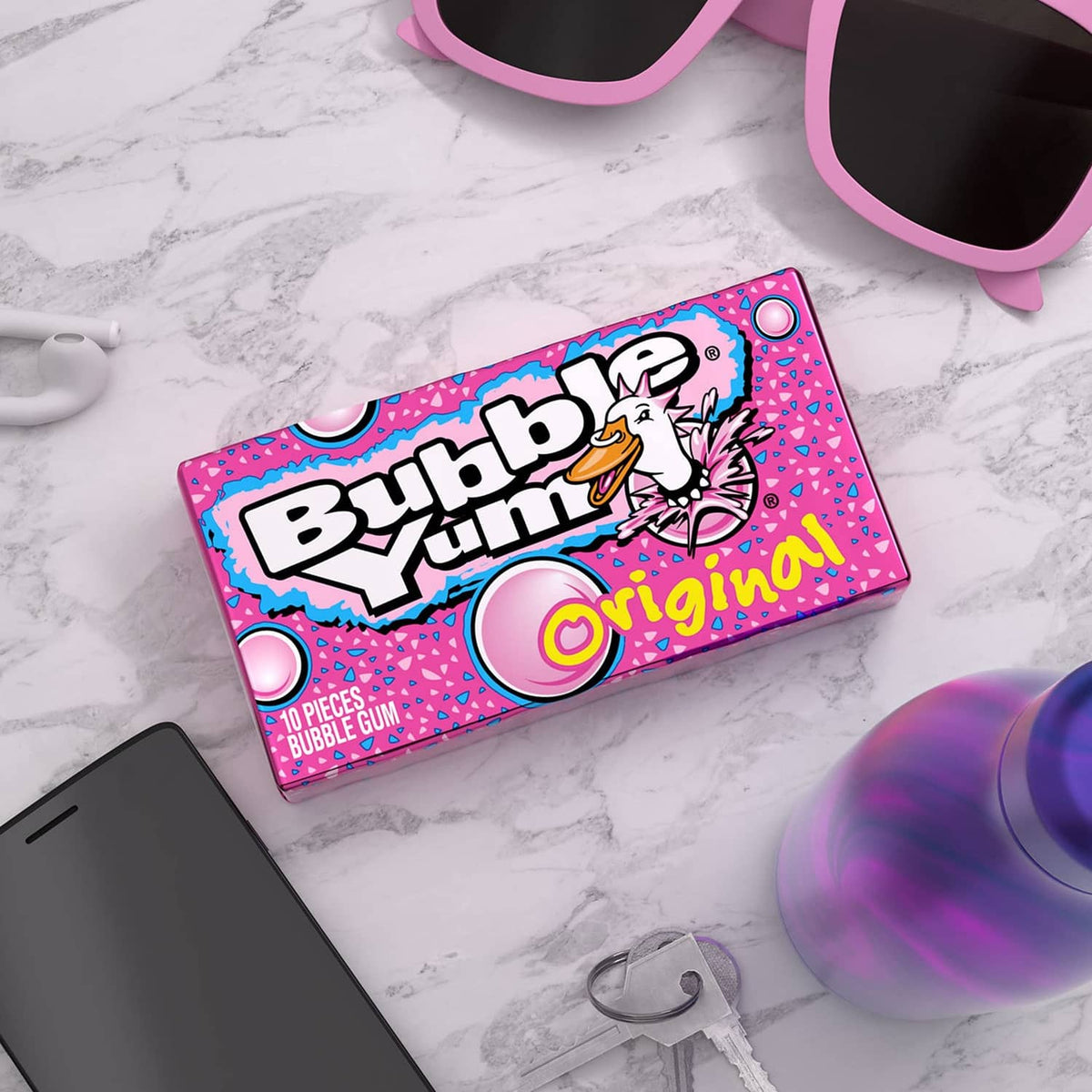 Bubble Yum Original bubble gum 10-piece box on light marble surface