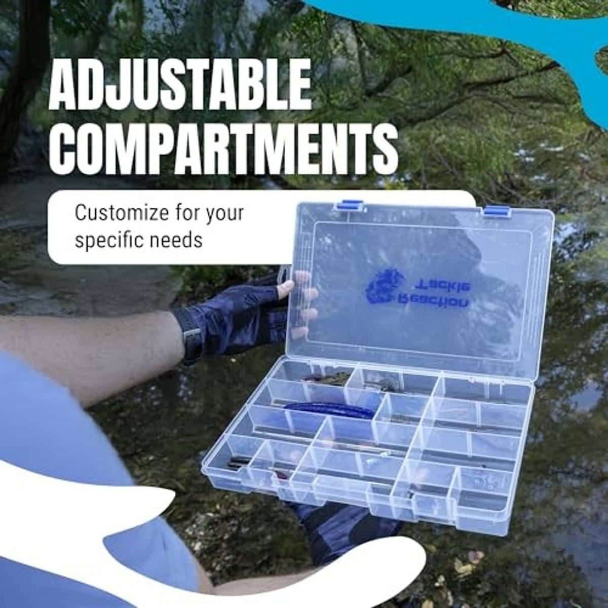 Clear tackle storage box tray shown open with grid compartments and blue latch handles