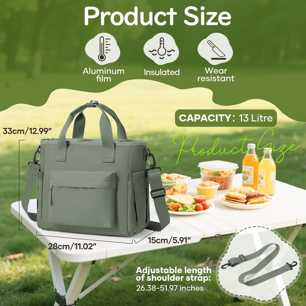 Insulated lunch tote bag size graphic, adjustable shoulder strap and capacity info
