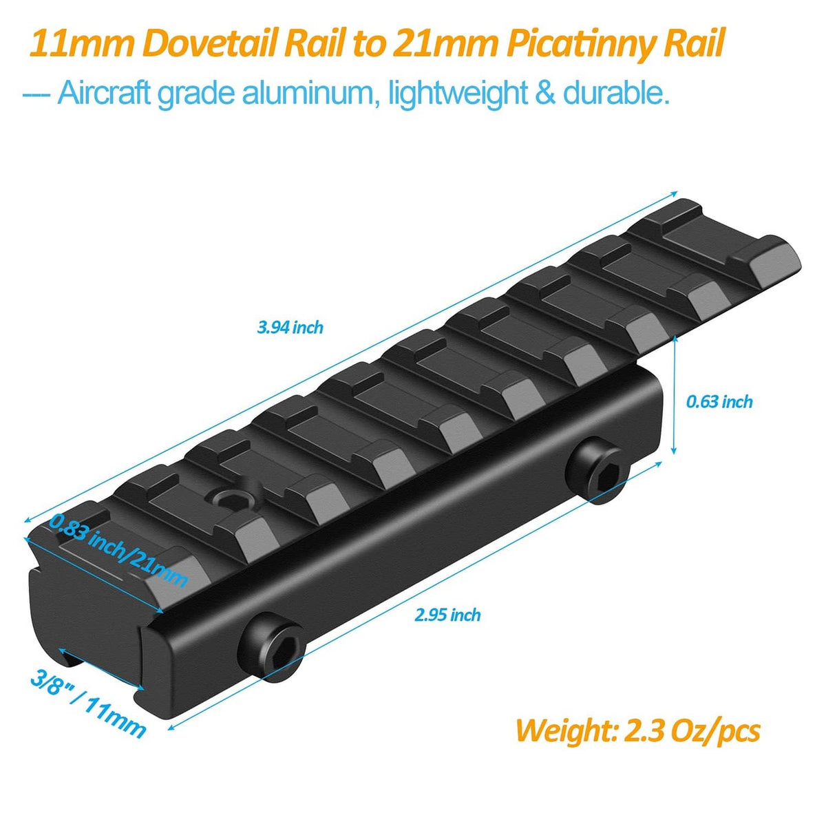 Black dovetail-to-Picatinny rail adapter highlighting the top rail profile