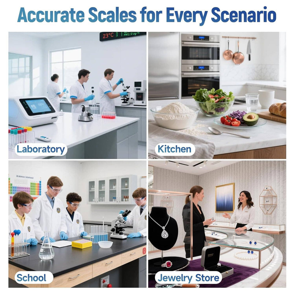 Digital milligram balance scale shown for lab, kitchen, school, and jewelry use