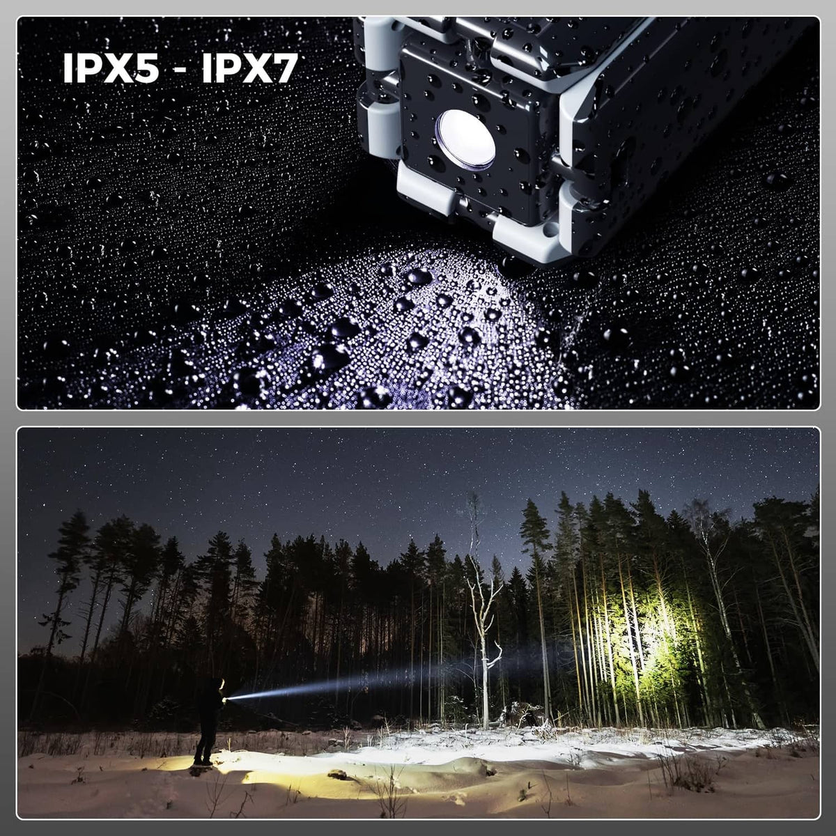 Gray telescopic LED camping light with sealed head, spray-proof design, on tripod