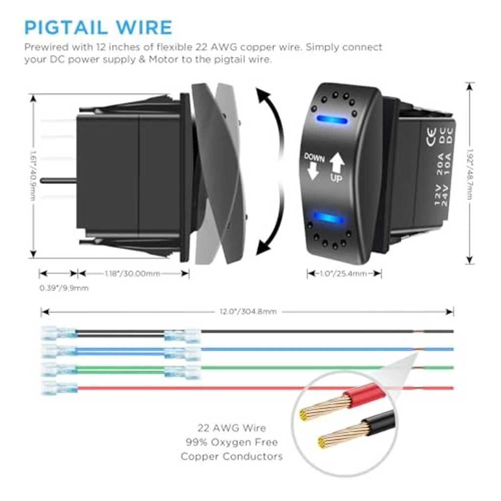 Illuminated polarity reversing rocker switch with blue LEDs and pigtail wire leads
