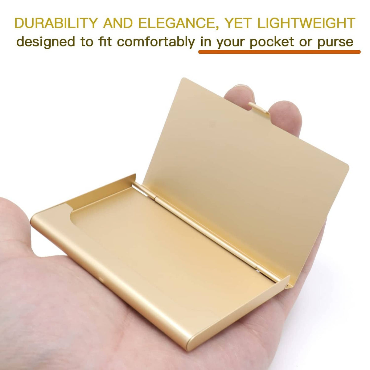 Gold aluminum business card holder open, card slots visible inside the slim case