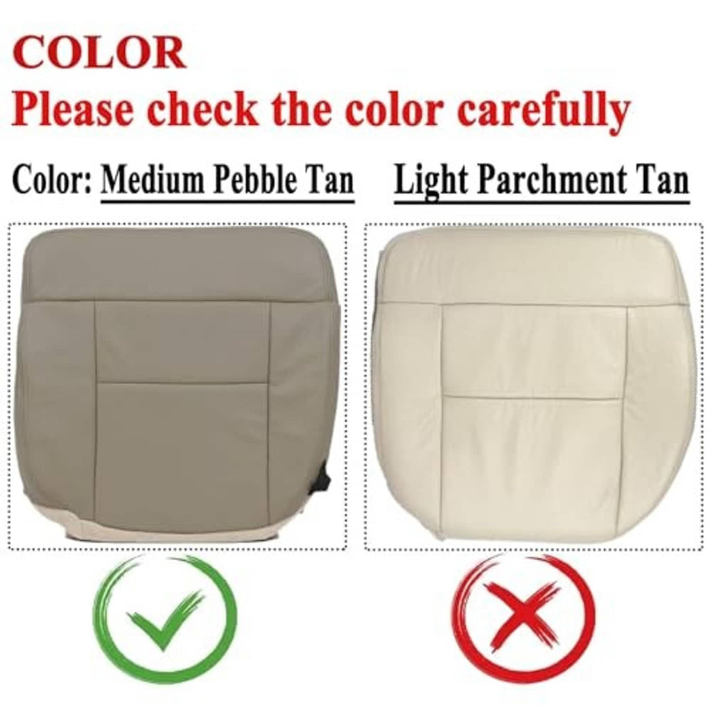Seat bottom covers in medium pebble tan and light parchment tan, front view