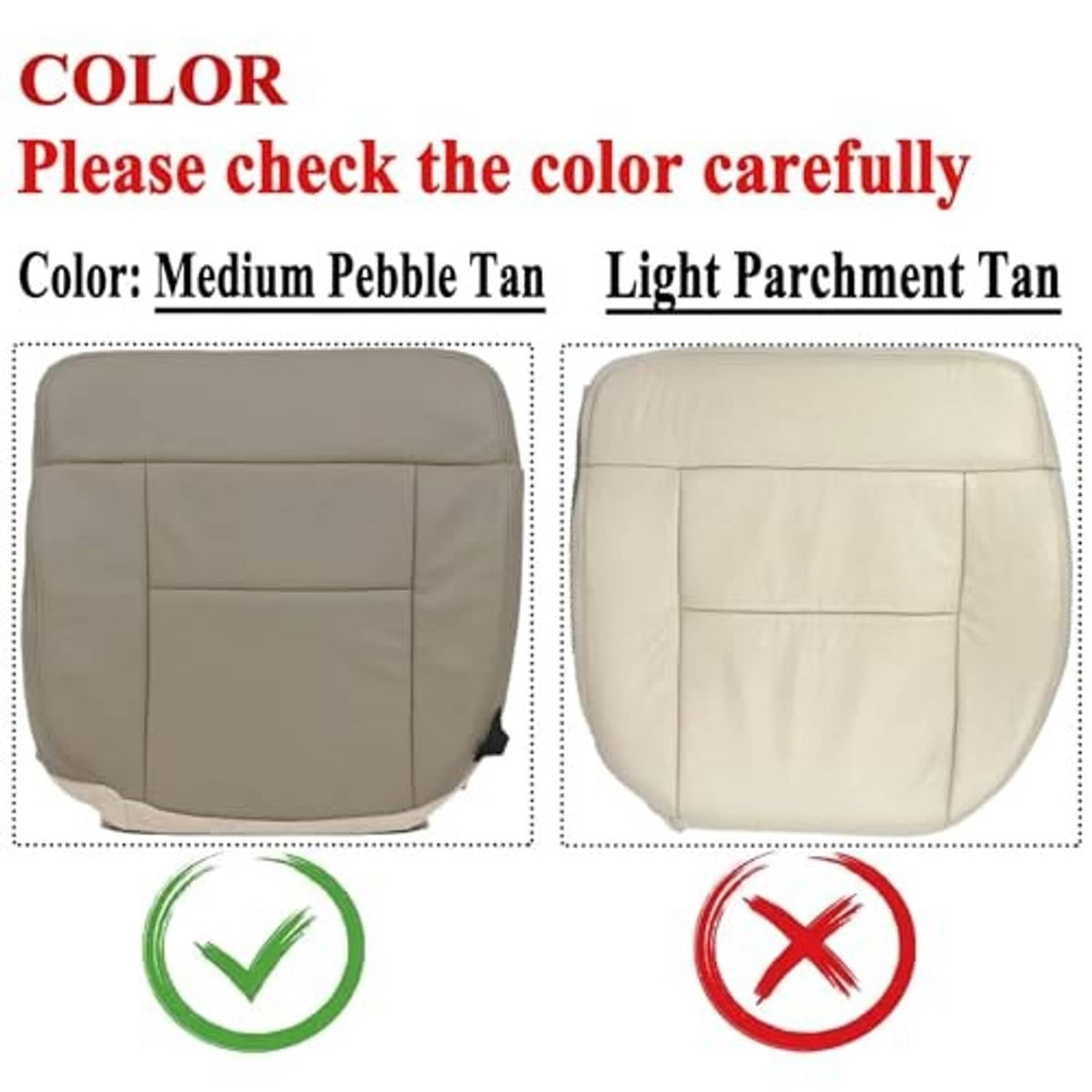 Seat bottom covers in medium pebble tan and light parchment tan, front view