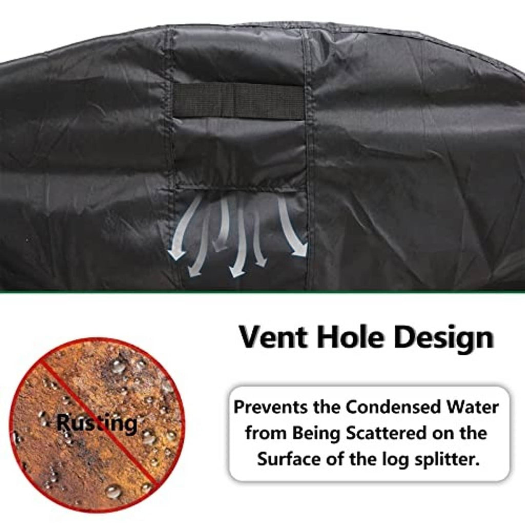 Black log splitter cover with vent hole area and secure elastic straps at bottom