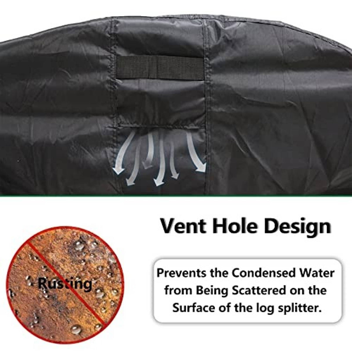 Black log splitter cover with vent hole area and secure elastic straps at bottom
