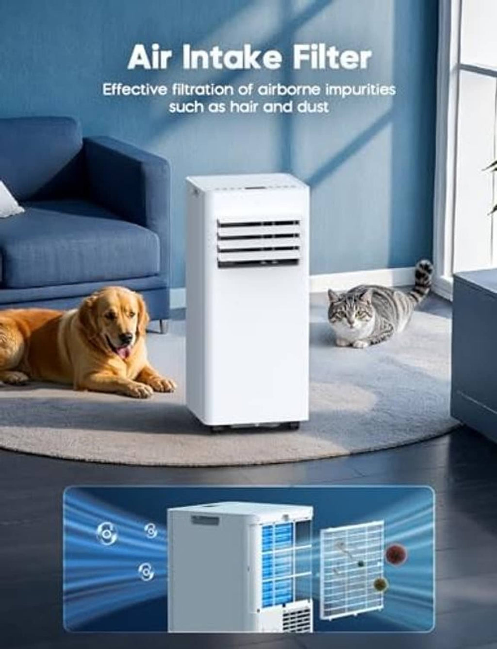 White portable air conditioner with front intake grille, pets nearby