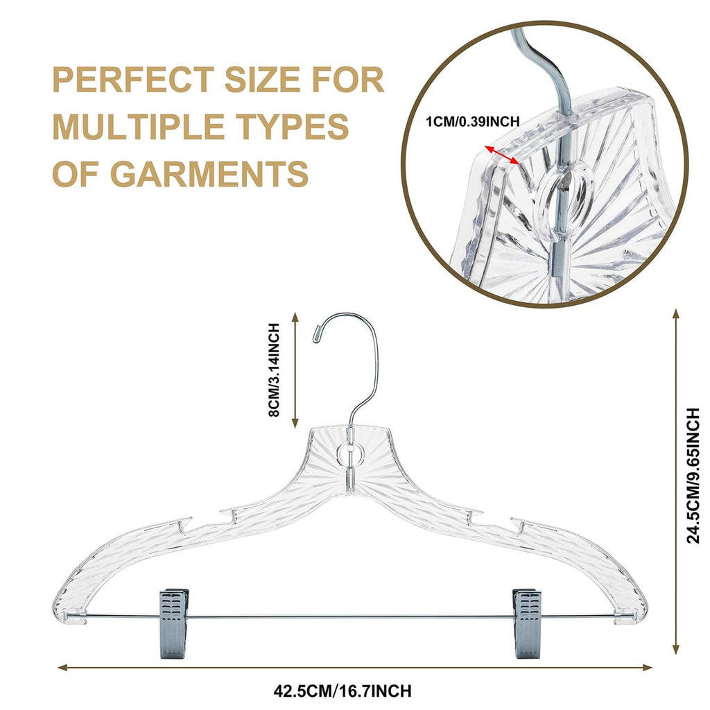 Clear plastic skirt hanger with adjustable metal hook and clamp clips, size shown