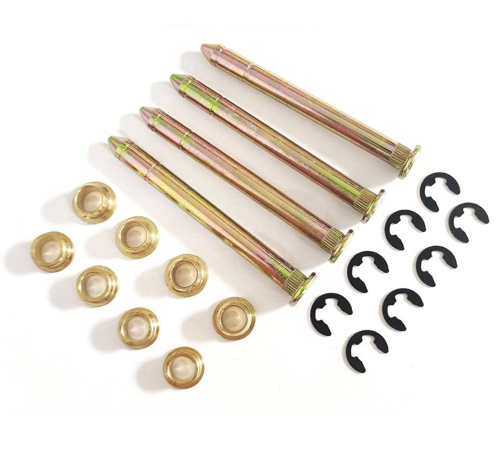 Door hinge pin and bushing kit with gold pins, brass sleeves, and black retaining clips