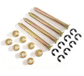 Door hinge pin and bushing kit with gold pins, brass sleeves, and black retaining clips