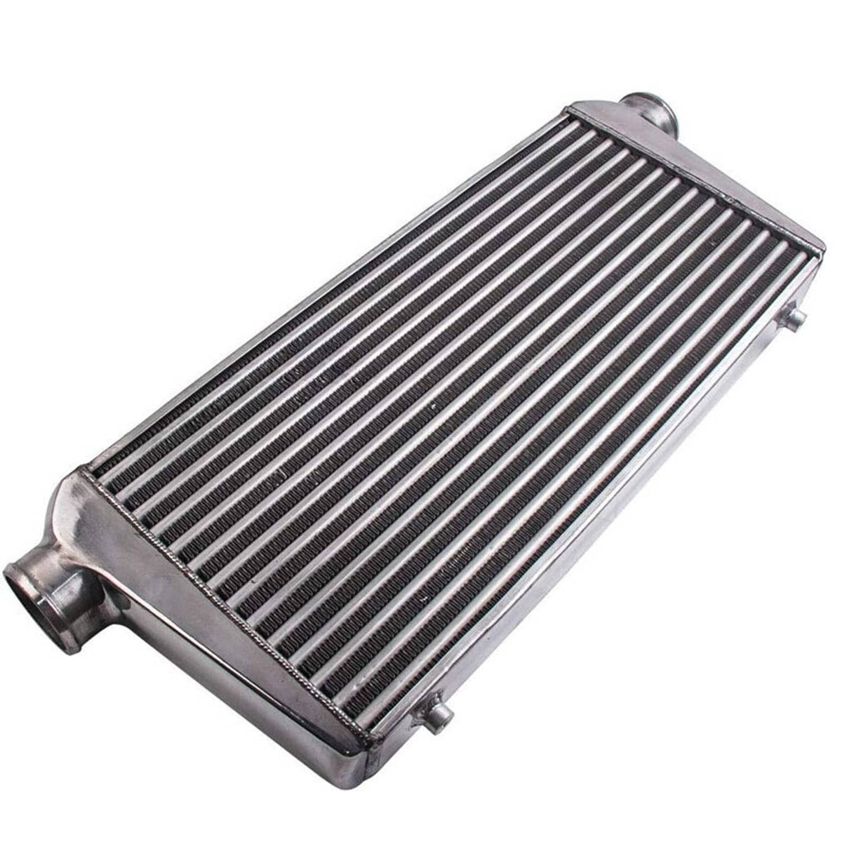 Universal aluminum intercooler with black fin core, slanted end tanks and brackets