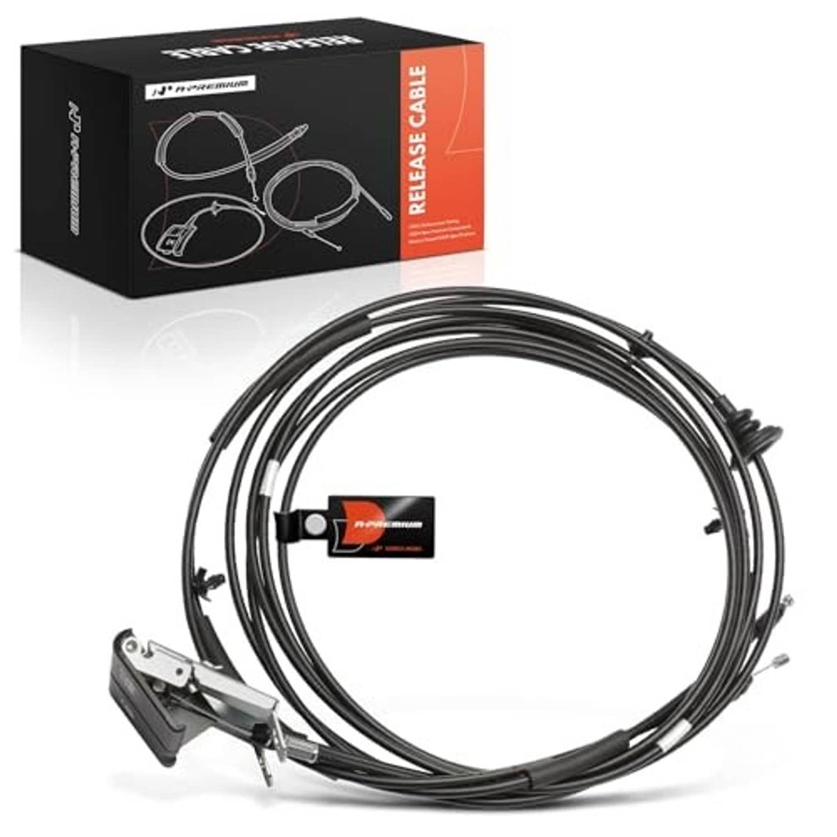 Engine hood release cable kit with coiled black cable and mounting bracket
