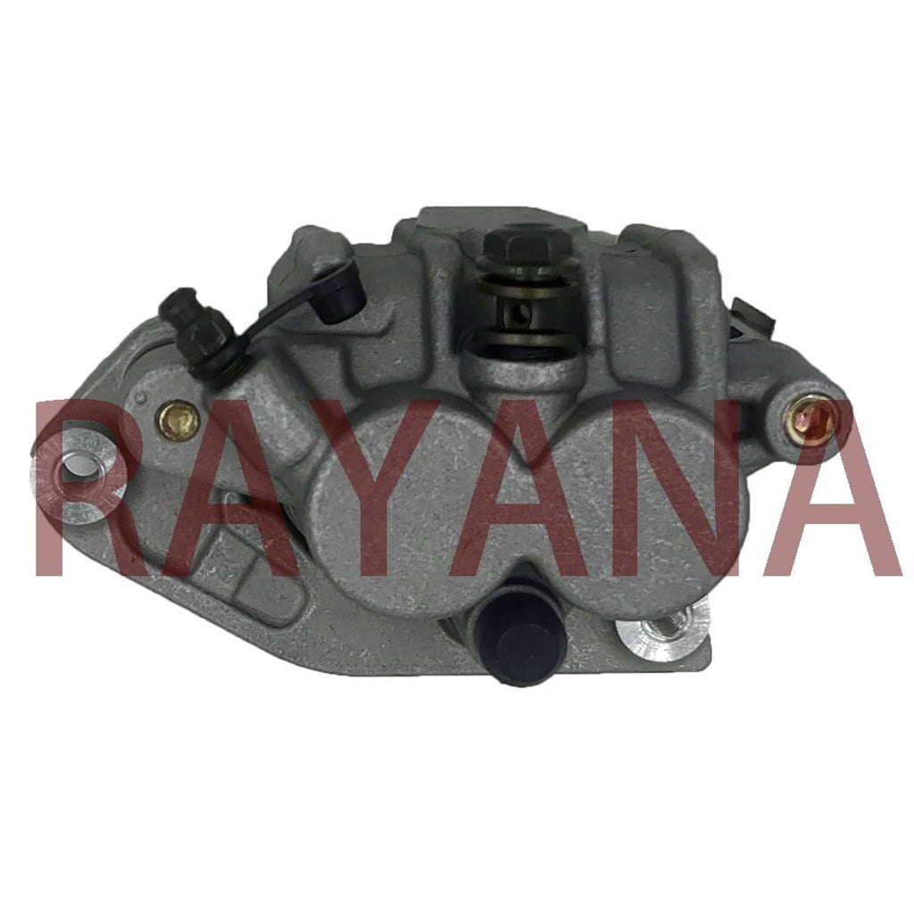 Front brake caliper, dark gray metal with top adjuster and side mounting bolts