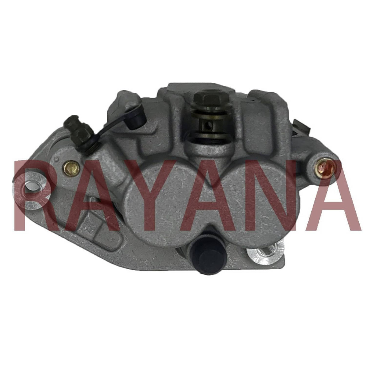 Front brake caliper, dark gray metal with top adjuster and side mounting bolts