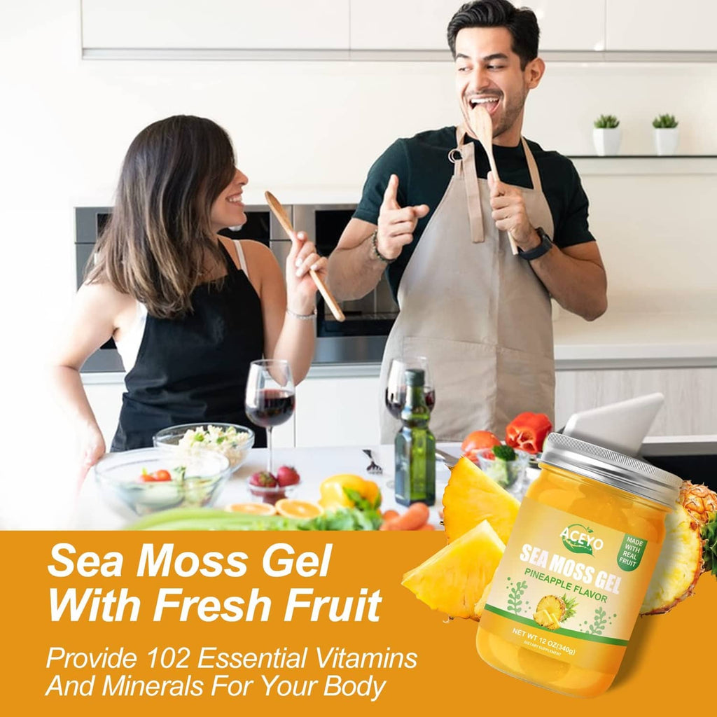 Sea moss gel jar on a table with fresh fruit, ACEYO pineapple flavor