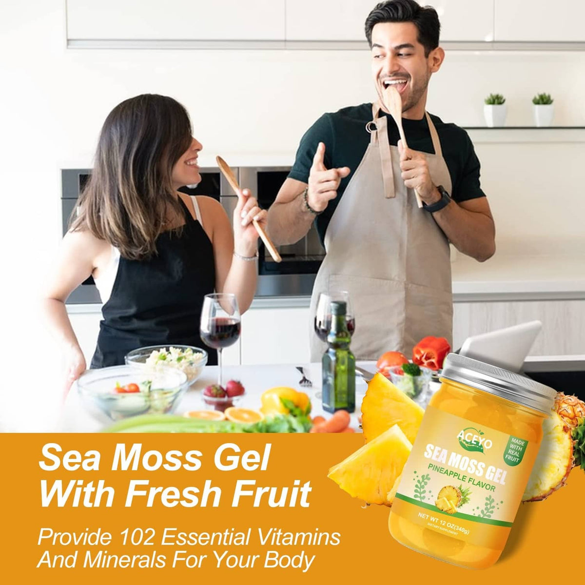 Sea moss gel jar on a table with fresh fruit, ACEYO pineapple flavor