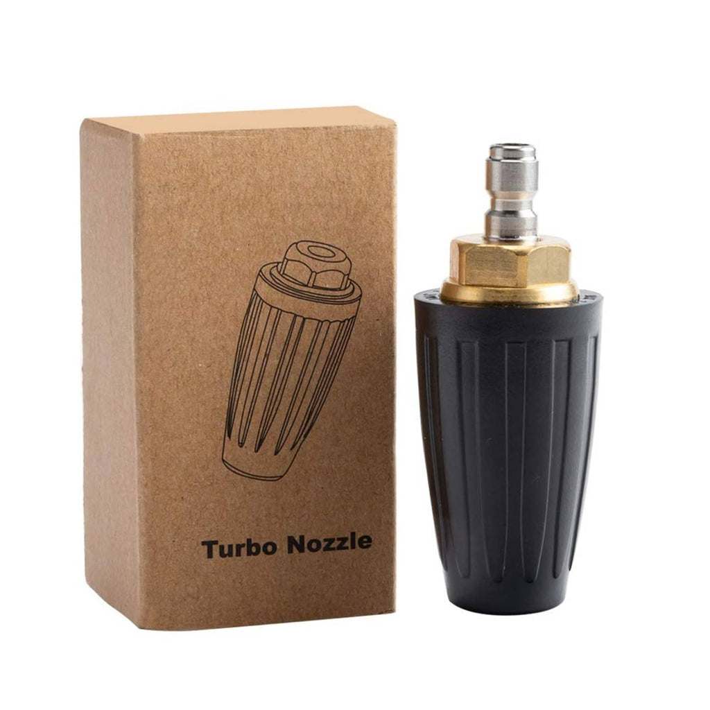 Turbo nozzle tip with black rubber body and brass fitting, in retail box