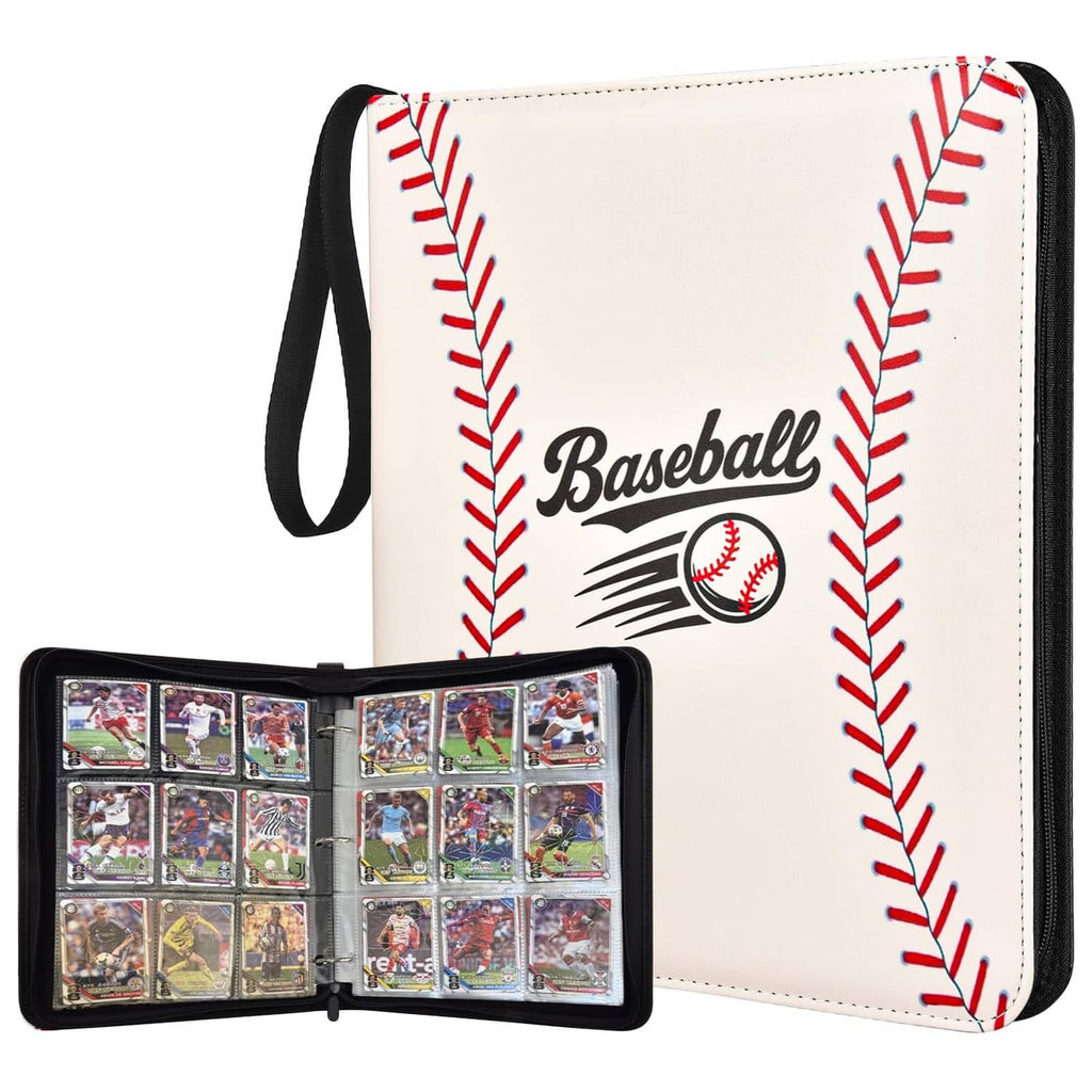 Baseball card binder with white cover and red-and-black stitched baseball design, open with pockets