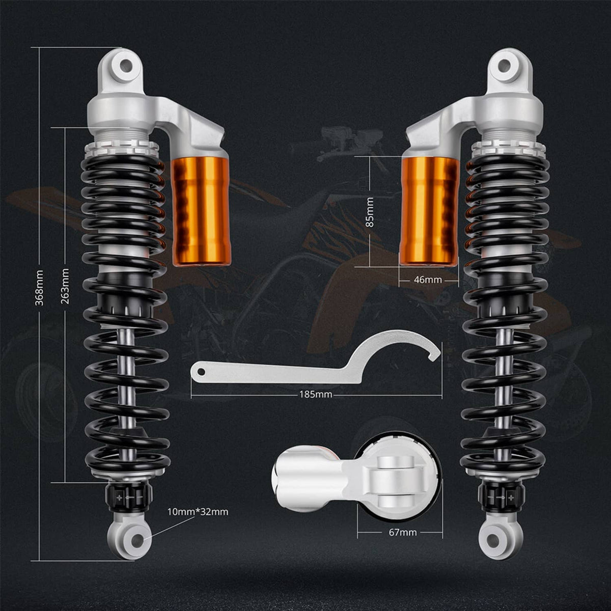 Front air shock absorbers with orange reservoir, black coil springs, and mounting hardware