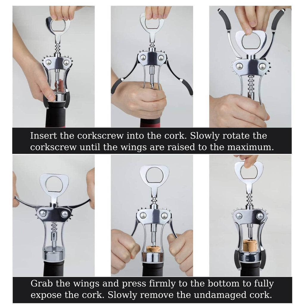 Silver wing corkscrew pressing wings to remove cork from bottle