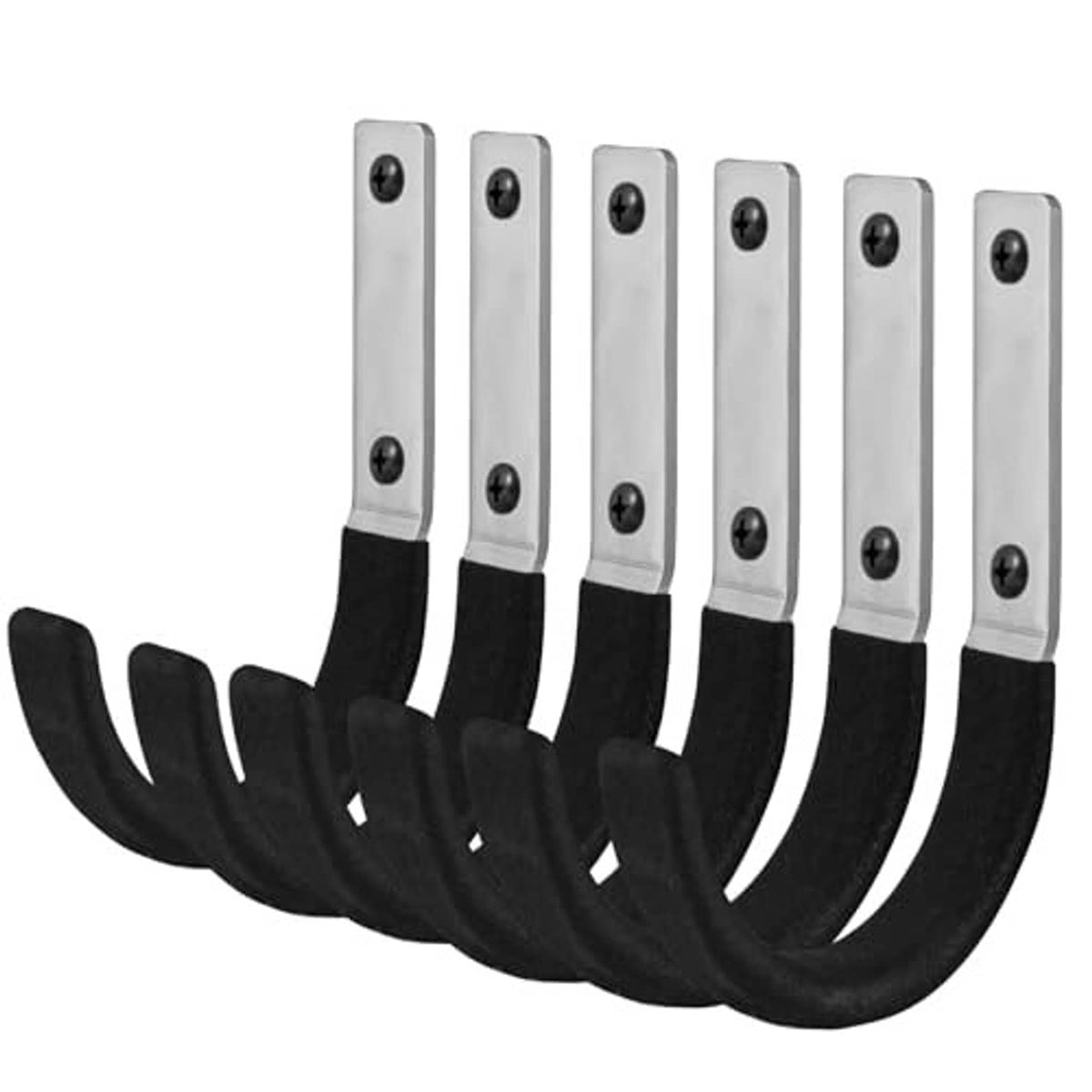 Garage storage hook set with six black curved hooks and six silver rectangular plates