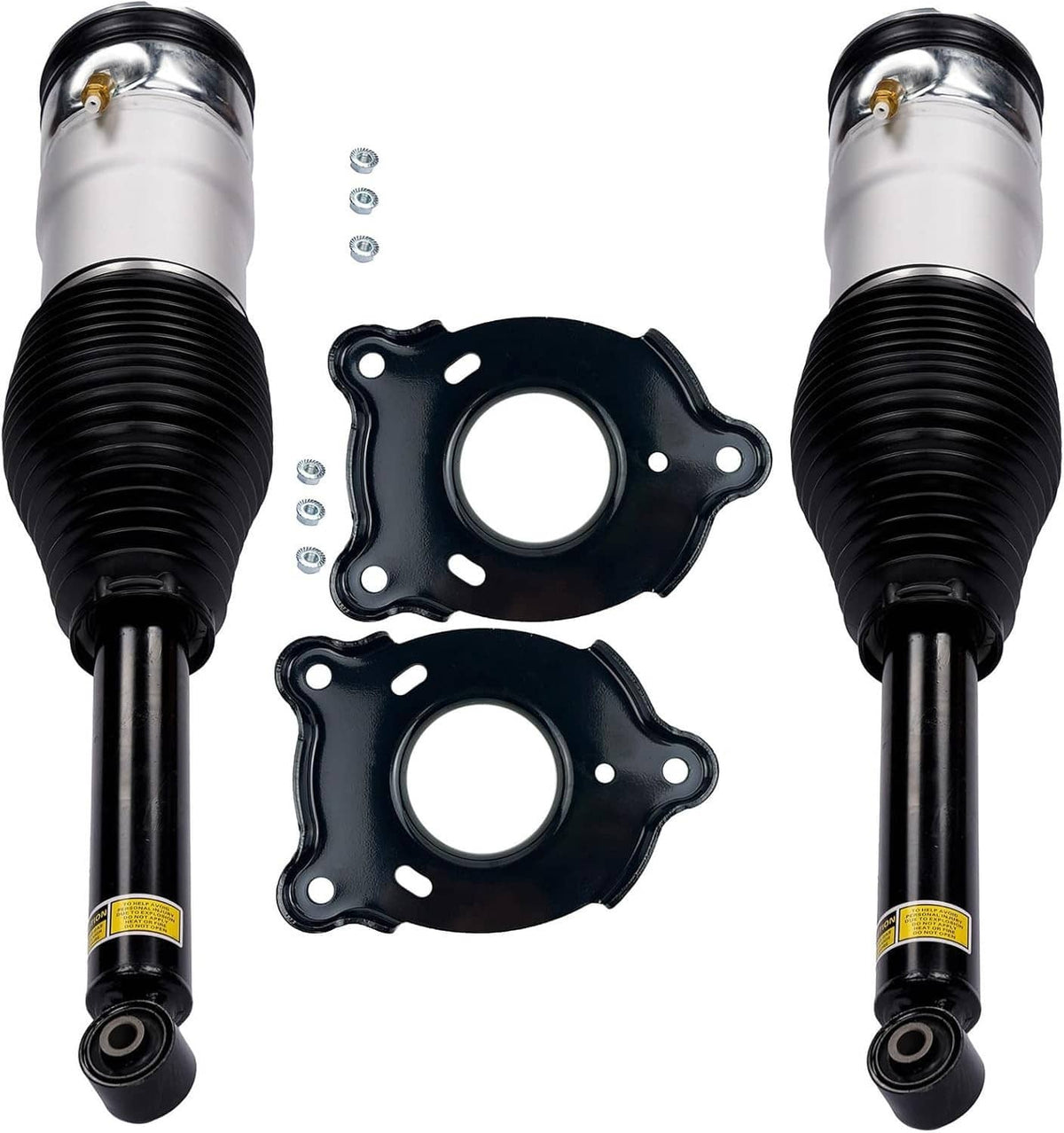 Rear air suspension strut pair with silver cylinders, black boots, and two black mounting brackets