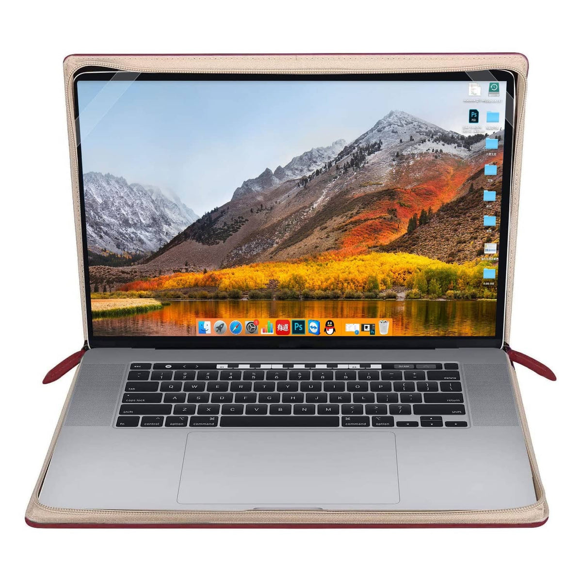 MOSISO wine red folio case open view with keyboard and screen held inside