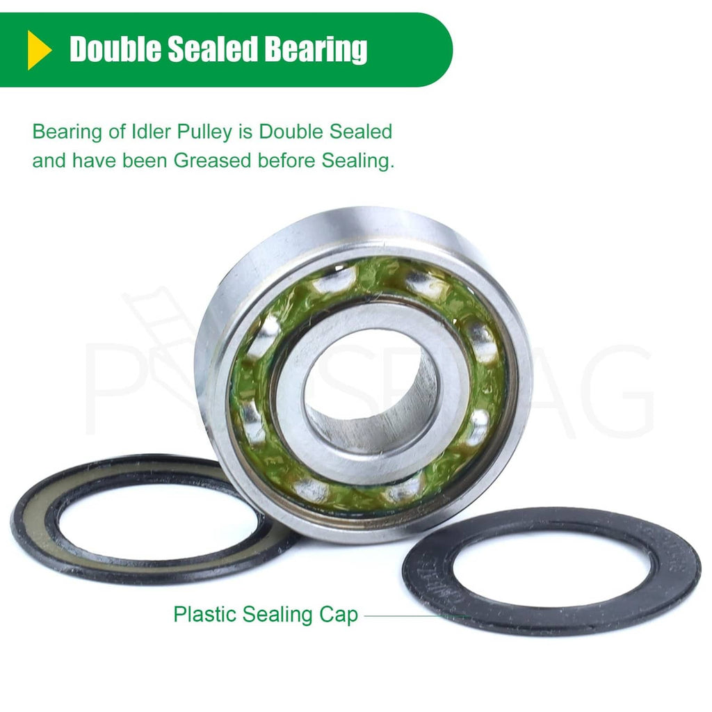 Double-sealed idler pulley bearing with plastic sealing cap and metal rollers