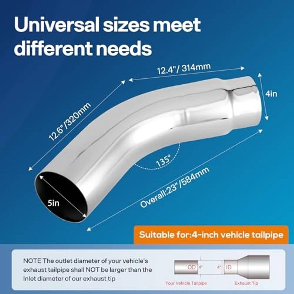 Angled universal silver exhaust elbow pipe with black inlet/outlet openings, 4 in to 5 in