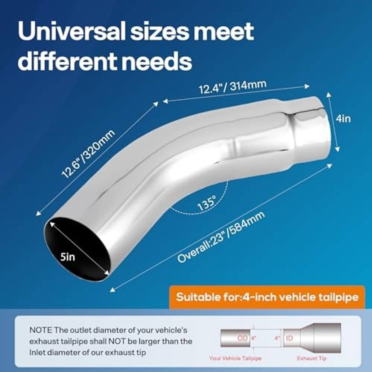 Angled universal silver exhaust elbow pipe with black inlet/outlet openings, 4 in to 5 in