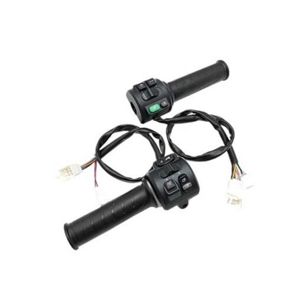 Handlebar thumb switch assembly with black grips and multi-button control panel