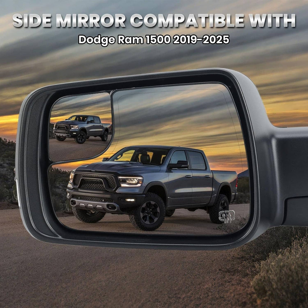 Left driver-side mirror with black frame and large reflective glass